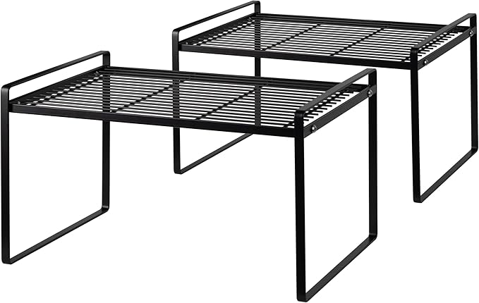 Shantton Cabinet Shelf Organizer, Pantry Shelf Rack, Black 16.1x10.6x9.5 | 2-Pack Stackable Metal Riser Holds 40LBS with Non-Slip Feet for Kitchen Pantry Bathroom Countertop Freezer Cupboard by Shantton