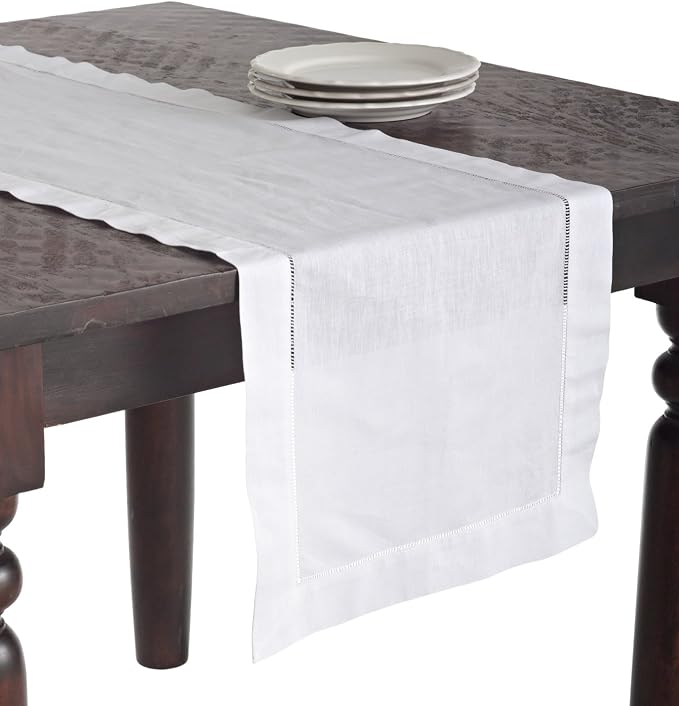 SARO LIFESTYLE Hemstitched Table Runner - Linen Blend Table Runner for Weddings, Holiday Dining, Dinner Parties & Everyday Table Décor, 16"x72", White by SaroLifestyle
