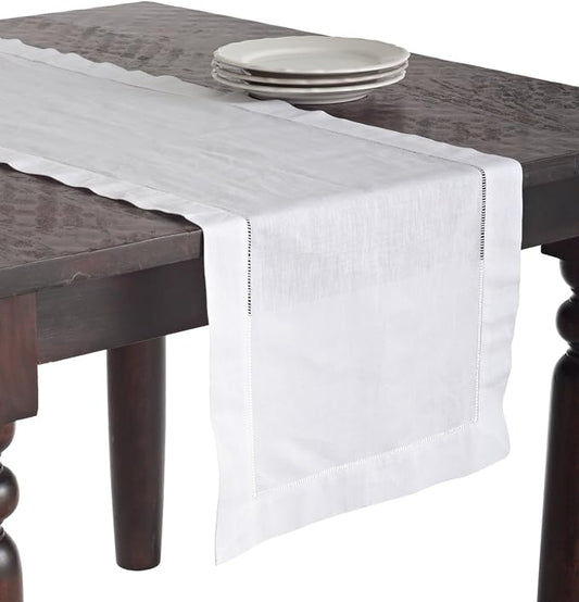 SARO LIFESTYLE Hemstitched Table Runner - Linen Blend Table Runner for Weddings, Holiday Dining, Dinner Parties & Everyday Table Décor, 16"x72", White by SaroLifestyle
