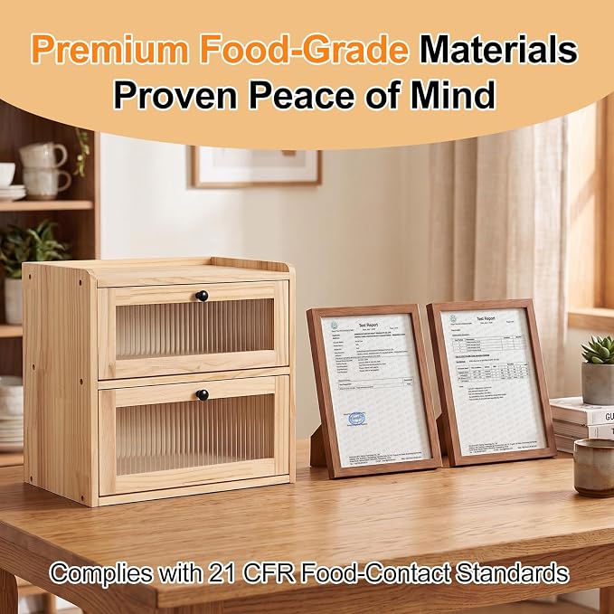 Alpeir Wooden Bread Box for Kitchen Countertop, Large Double Layer, Nature | Food-Safe Pine Wood, Double-Row Ventilation, Strong Acrylic Window, Raised Top Shelf, Easy Care, Farmhouse Corner Container - Image 4