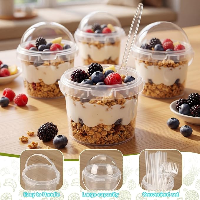 50 Pcs Bucket Cups Bulk Reusable Plastic Drink Buckets with Lids Dome Forks and Straws 24 oz Ice Cream Freezer Food Storage Containers for Popcorn Pail Outdoor Travel Beverage Party Picnic - Image 3