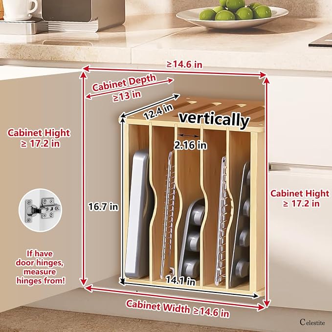 celestite Wooden Tray Dividers for Cabinets, Cookie Sheet Organizer for Cabinet, Baking Sheet Pan Organizer for Kitchen Organizers and Storage (6 Tier 12.4" Wx14.1 Hx16.7 D) - Image 3