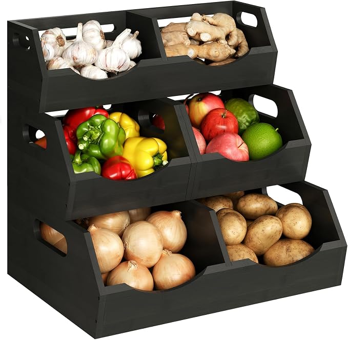 Potato Storage Bins Onion, 3 Tier Bamboo Pantry Storage Bin Stackable Ventilated Organizer for Kitchen, Pantry, Countertop, Bathroom, Black by Unknown