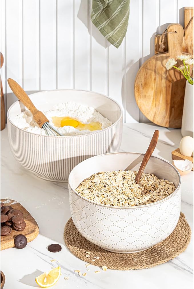 Mikiegy Ceramic Mixing Bowls Set of 2, Nesting Ceramic Embossment Stoneware Mixing Bowls for Cooking, Serving, Popcorn, Salad etc, Microwave & Dishwasher Safe, 98/145 oz, Off-White - Image 4