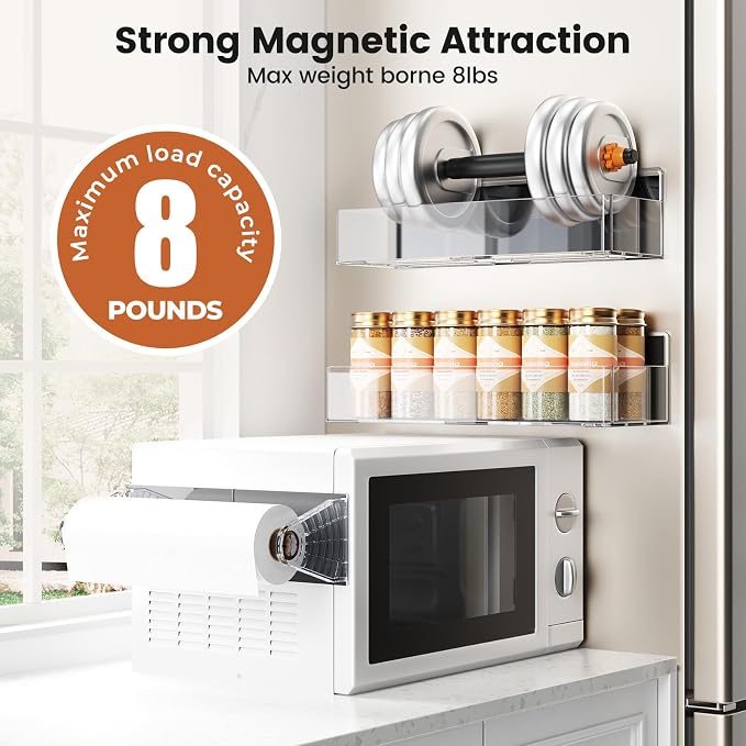 Magnetic Spice Rack for Refrigerator,8 Pack Magnetic Shelf,Fridge Magnet Organizer with Paper Towel Holder,Utensils Racks,Hook Rack,Deepened Basket,Fridge Organizers and Storage Clear(8 Pack) - Image 2