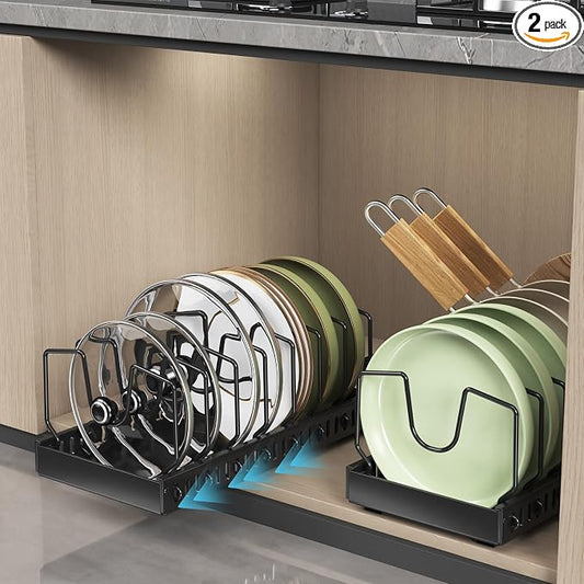 Black 2 Pack Pot Lid Organizer, Pull Out Cabinet Rack, 16 Dividers | 2-pack black carbon steel rack, 16 adjustable dividers, quiet slide rails, adhesive or screw mount for lids, pans, bakeware by WOSHEN