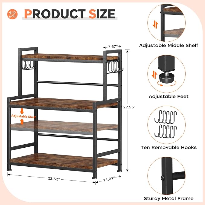 23.6"W Large Kitchen Countertop Organizer,3 Tier Spice Rack Organizer with Adjustable Shelf and 10 Hooks,Wooden Counter Organizer,Space Saving Countertop Shelf Microwave Stand for Kitchen,Coffee Bar - Image 2