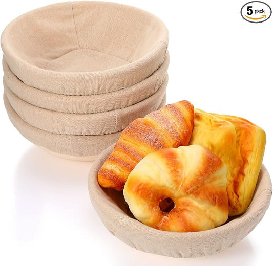 Nuogo 5 Pack Banneton Bread Proofing Basket 8.5 Inch Round Sourdough Proofing Basket Bowl with Liners and Scatters for Home Making Bread Bakers Baking by Nuogo