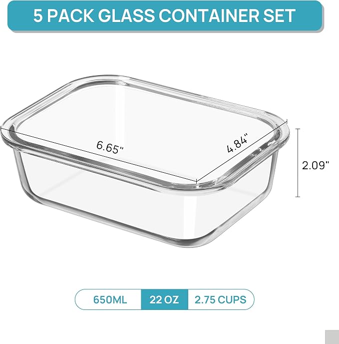 Vtopmart 5Pack 22oz Glass Storage Containers with Lids, Green | Glass Meal Prep Food Container Sets, Snap Airtight Lid, For Microwave, Oven, Freezer and Dishwasher, BPA Free - Image 2