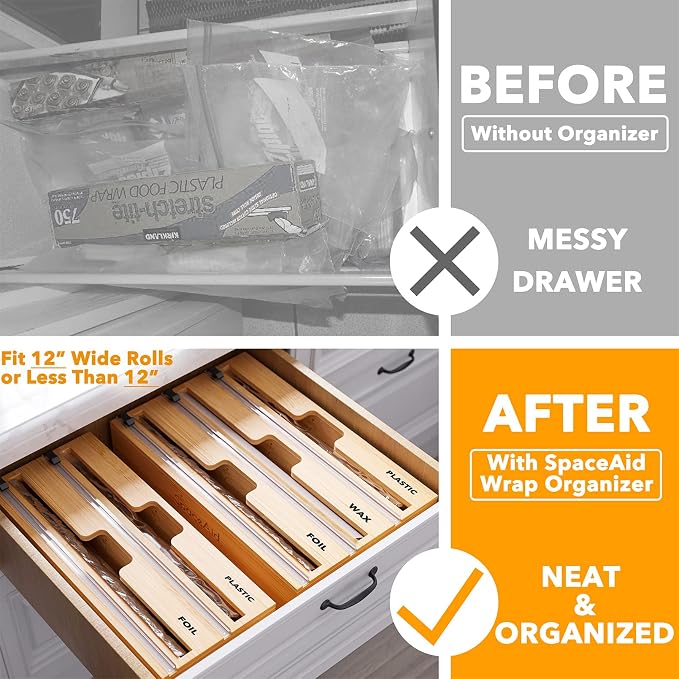 SpaceAid WrapNeat 3 in 1 Wrap Organizer with Cutter and Labels, Plastic Wrap, Aluminum Foil and Wax Bamboo Dispenser for Kitchen Storage Organization Holder for 12" Roll (Natural) - Image 2