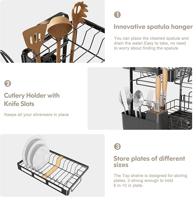 2 Tier Dish Drying Racks for Kitchen Counter with Utensil Holder | Large Stainless Steel Dish Drain, Space Saving, Big Modern Silver Countertop Metal Plates Dryer Strainer and Extra Tray - Image 5