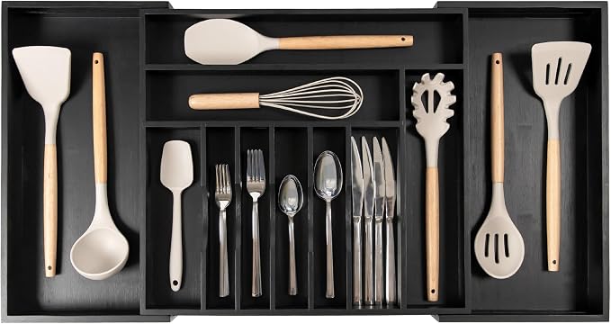 Silverware & Utensil Drawer Organizer, 18-33 in, Black Bamboo | Cutlery, flatware, food-safe contract grade, kitchen drawer fit by KitchenEdge