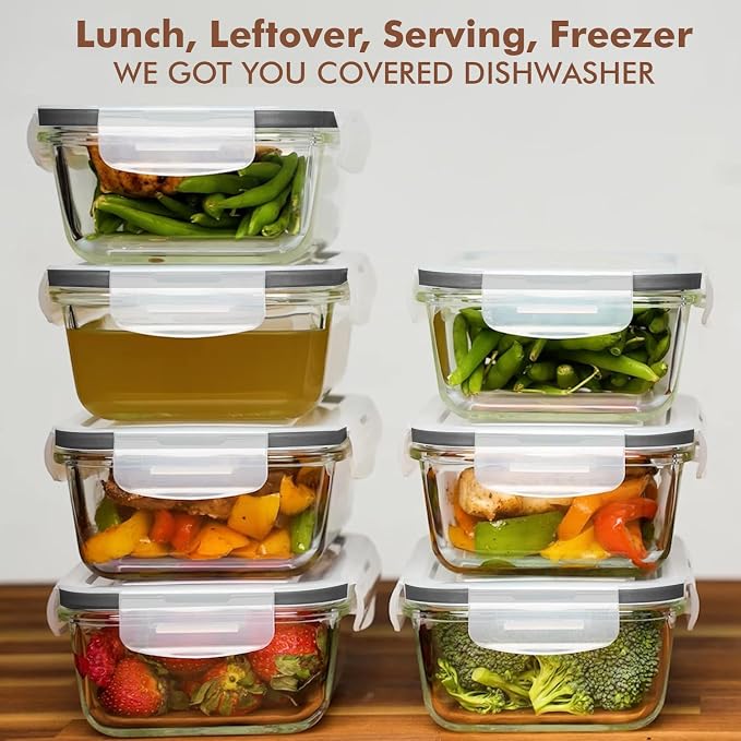 Razab 16 Pc (Set of 8) 30 Oz Glass Meal Prep Containers with Lids, Airtight Large Glass Food Storage Containers, Reusable Leak Proof BPA Free, Freezer to Oven and Dishwasher Safe - Image 8