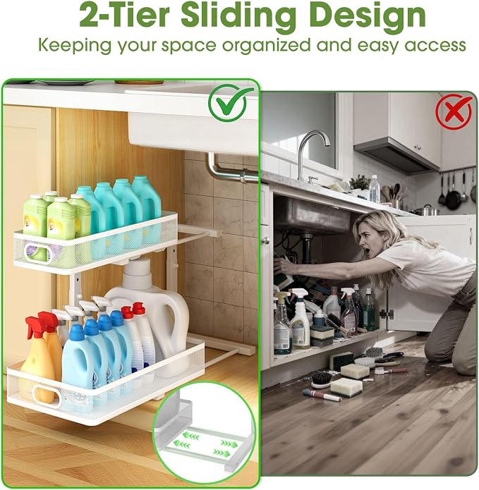 Under Sink Organizer 2-Pack, Metal 2-Tier Pull-Out Cabinet Shelf with Slide-Out Mesh Drawers, Height Adjustable, Space-Saving Under Sink Storage Racks for Kitchen, Bathroom, Laundry Room, White - Image 2