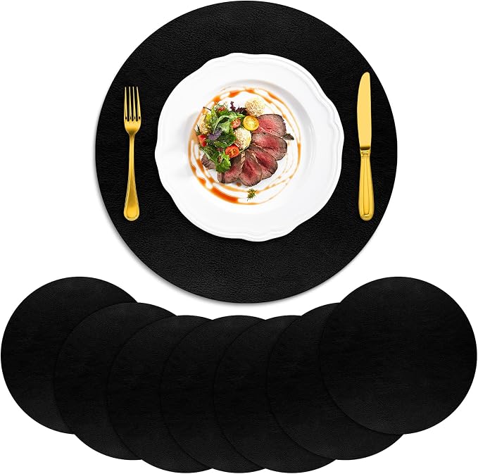 ADRIMER Placemats, Heat Resistant Round Placemats Set of 8 Washable, Waterproof Table Mats, Wipeable Faux Leather Place Mats for Kitchen, Dining Room, Black by Adrimersdreamistobeanindispensablecompanioninyourlife