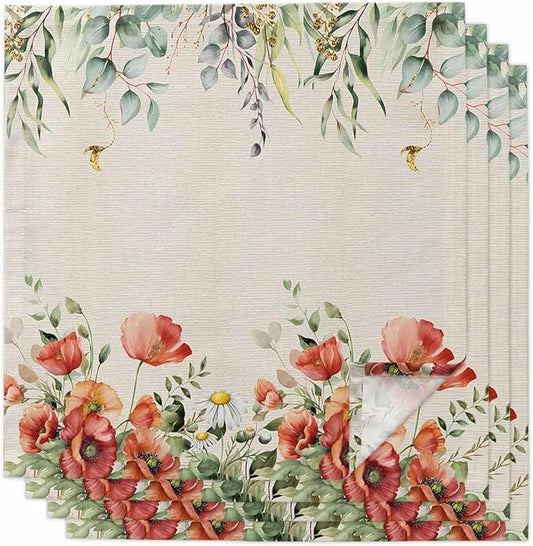 Eucalyptus Poppies Dinner Napkins Cloth Set of 4, Premium Polyester Napkins 20 x 20 Inch, Country Rustic Botanical Flower Plant Washable and Reusable Table Napkins for Wedding Cocktail Hotel by AMZRicher