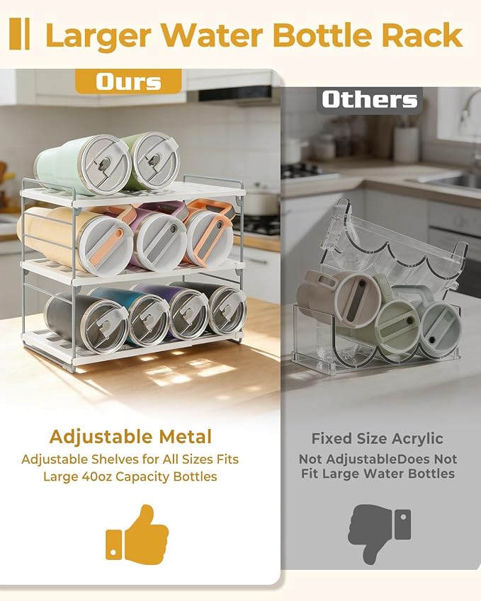 Cirhy 12" Tall 3-Tier Expandable Water Bottle Organizer – Fits 20-40 oz Stanley, Owala, Yeti Tumblers, Shaker Cups & Travel Mugs – Adjustable Storage Rack for Cabinet, Kitchen & Pantry Organization | Adjustable 12" Tall Bottle Rack, Fits 20-40 oz Tumbl... - Image 4