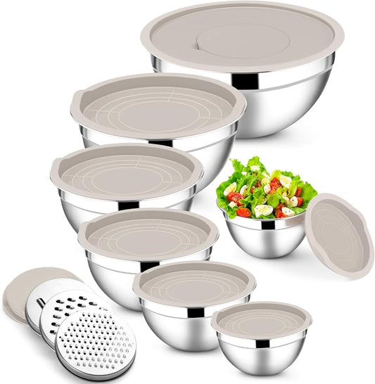 E-far Mixing Bowls with Lids Set, 7-Piece Stainless Steel Metal Mixing Bowls with Grater Attachments, Size 4.6, 3.5, 2.6, 2, 1.5, 1, 0.7QT, Nesting Design & Khaki Airtight Lids, For Cooking/Serving by E-far
