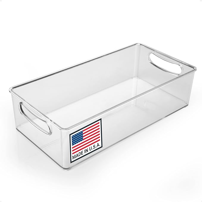 Pikanty Clear Refrigerator Organizer Bin with Handles — 11 Inch Compact Stackable Fridge and Pantry Storage Container for Snacks, Yogurt, Condiments, Dishwasher Safe, Made in USA by Pikanty