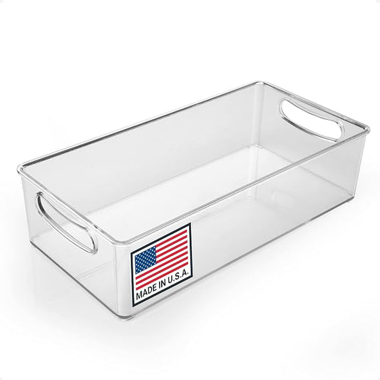 Pikanty Clear Refrigerator Organizer Bin with Handles — 11 Inch Compact Stackable Fridge and Pantry Storage Container for Snacks, Yogurt, Condiments, Dishwasher Safe, Made in USA by Pikanty