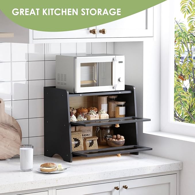 Double Layer Bread Box Container for Kitchen Countertop Homemade Bread | Large Breadbox Storage Wooden Farmhouse Bread Holder (Black, Large-16.54" L x 9.84" W x 14.96" H) - Image 5