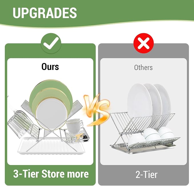 Dish Rack with Drip Tray, Stainless Steel 3-Tier Collapsible Drainer Dish Drying Rack for Kitchen Counter, Sink, Countertop,Cutlery, Dishes Utensils Flatware Holder Set, Reversible Cup Draining Rack - Image 5