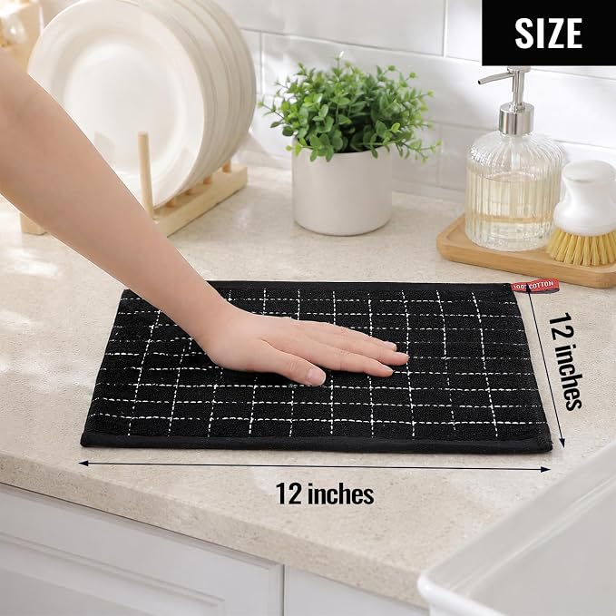 Kitinjoy 100% Cotton Terry Kitchen Dish Cloths, 12”x 12”, 8-Pack, Black | Ultra Soft and Absorbent Dish Towels for Kitchen, Suitable for Drying and Washing Dishes - Image 4