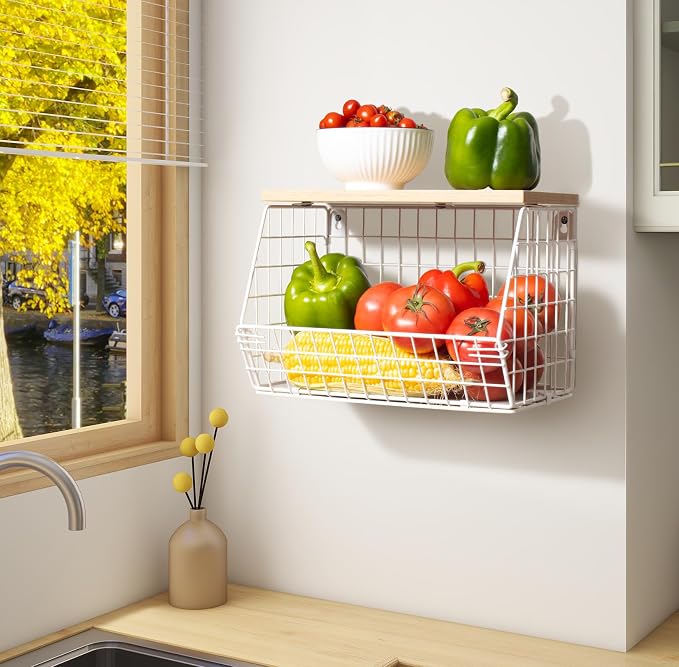 White Fruit Bowl Wire Basket Storage Pantry Fruit and Vegetable Storage Fruit Basket for Kitchen Counter Stackable Wall Mounted Hanging Basket Wire Basket with Wood Lid with Hanger Hooks - Image 2
