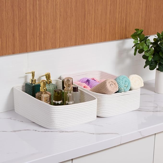 MiniArk Large Shallow Organizing Baskets 15x11x5.1 Inches - Rope Woven Storage Bins for Bathroom, Shelves, Cube Closet, Off White 2 Packs - Image 6