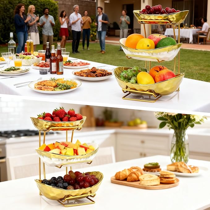 3 Tier Ceramic Fruit Bowl for Kitchen Counter,Fruit Basket with Metal Stand | Serving Tray for Snacks Nuts Cakes Desserts Bread Candy Vegetable,Decorative Storage for Party Wedding Home - Image 6