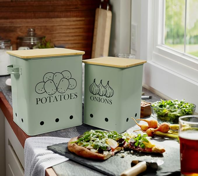 Kitchen Vegetable Storage Tins Set of 2, Onion and Potato Storage Bins with Wooden Lid and Aerating Holes, Garlic Bin Caddy, Vintage Kitchen Decor, Green - Image 6