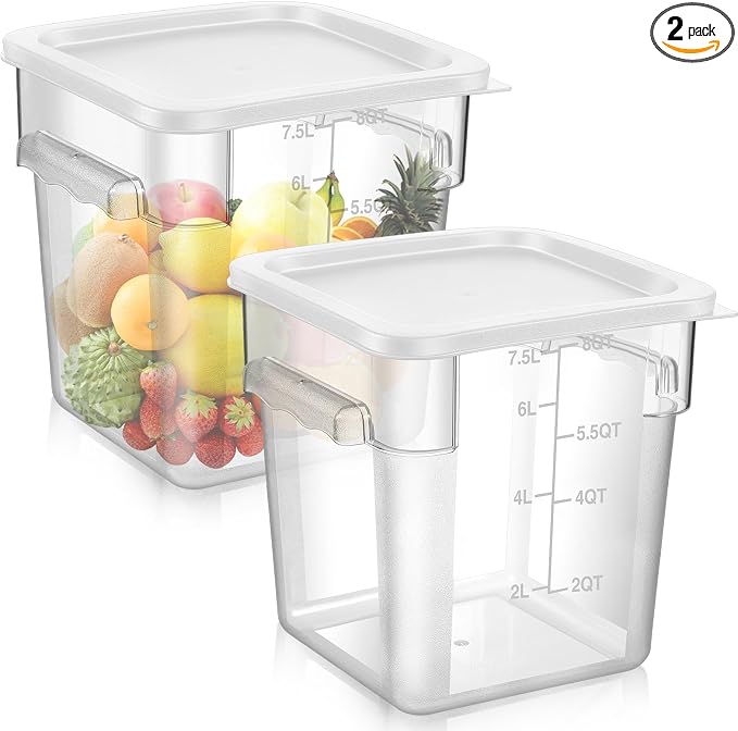 FoldTier 2 Pieces Square Food Storage Containers Polycarbonate Clear food Container with Lid Commercial Storage with Graduations for Commercial Kitchen Dough Marinating Meat(White,8 Qt) by FoldTier