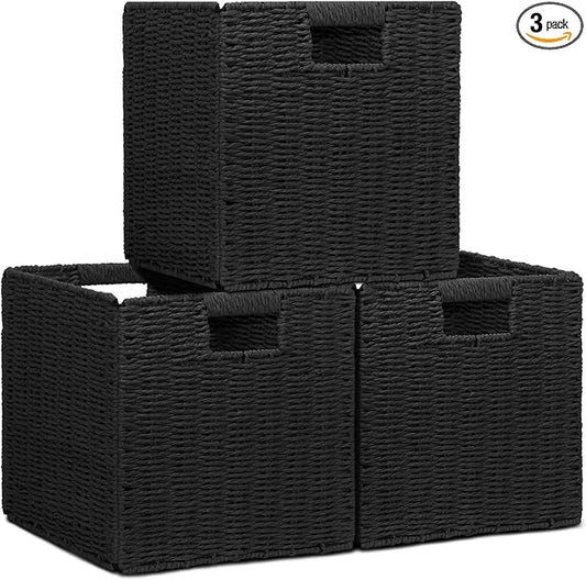 Wicker Storage Baskets for Organizing, 3 Pack Rustic Foldable Square Basket for Shelves, Handwoven Cubby Organizer Bins for Home Decor, Small Cube Storage Bin for Closet Organization (Black 11 inch) by Cazzon