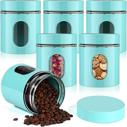 6 Pack Kitchen Canisters Set 20 oz Airtight Stainless Steel Canister Food Storage Container with Window Glass, Coffee Sugar Candy Jars Tea Organizer for Flour Cookies Spices Grains Kitchen(Turquoise) by Patelai