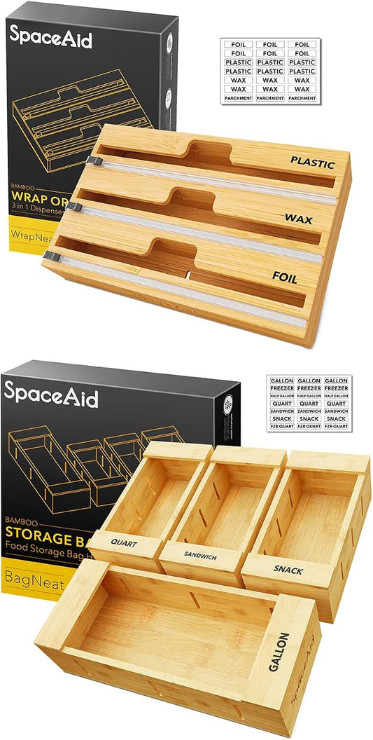 SpaceAid WrapNeat 3 in 1 Wrap Dispenser with Cutter and Labels, SpaceAid Bag Storage Organizer for Kitchen Drawer, (4 Pack) by SpaceAid