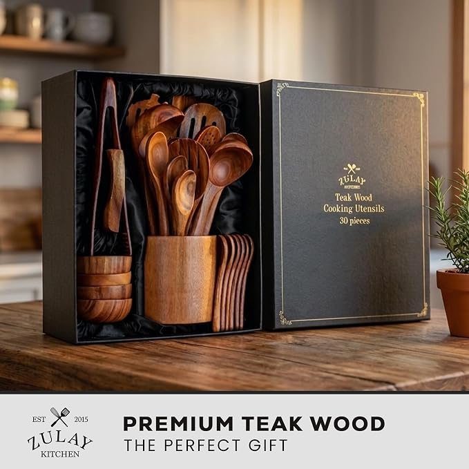 Zulay Kitchen 30-Piece Teak Wooden Utensils - Natural Teak Cooking Utensils with Premium Gift Box - Non-Stick Wooden Spoons - Kitchen Gift Set - Comfortable Grip - Image 2