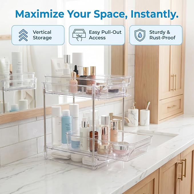 2-Tier bathroom cabinet organizer, bathroom organizers and storage with Adjustable Removable Dividers,Under Sink Organizing,Under Sink and Pull-Out Cabinet Organizer for Kitchen and Pantry Storage - Image 2