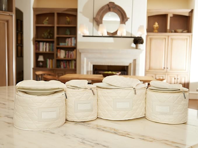 Covermates Keepsakes Dish Storage Set – Padded China & Dinnerware Storage Cases with Dividers, Cup & Stemware Storage, Quilted Polyester Protection, ID Window, Cream - Image 4