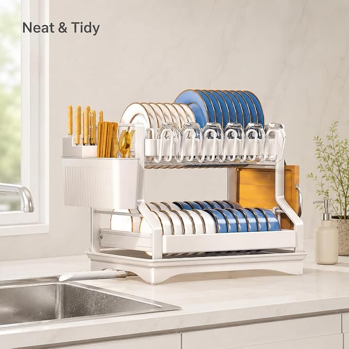 Fandian Dish Drying Rack 2 Tier White Dish Racks for Kitchen Counter and Sink, Large Dish Drying Rack with Drainboard & Utensil Holders Stainless Steel Dish Drainers Kitchen Organization and Storage - Image 4