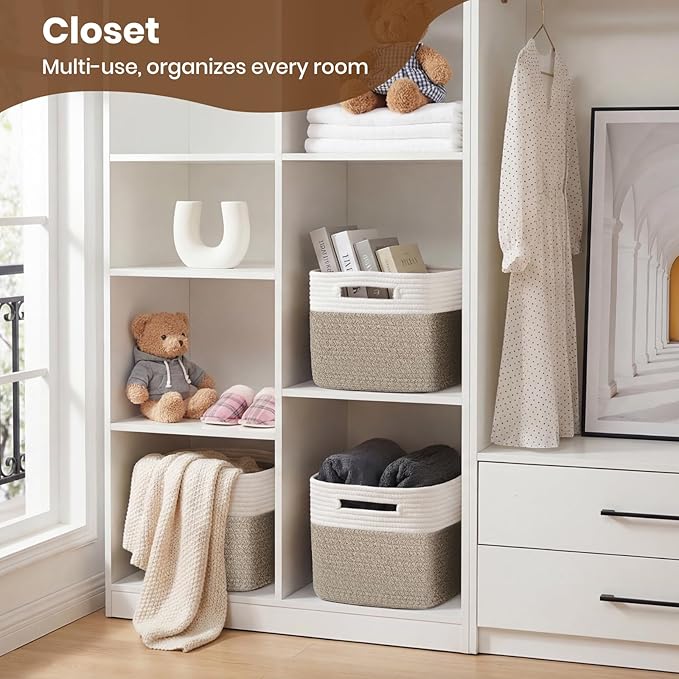 Storage Baskets for Organizing, 14 x 10 x 9” Closet Shelf Woven Baskets, Square Bins with Handles, Cotton Rope Basket for Clothes, Office, Room, White+Rice Brown 1 Pack - Image 4