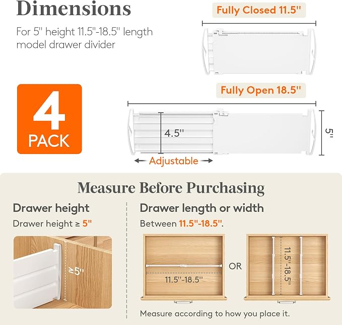 Lifewit 5" Tall Drawer Dividers, Adjustable Deep Drawer Organizer Clothes | 11.5"-18.5" Expandable Plastic Separators for Dresser, Kitchen, Cabinet, Nursery, Office, Socks & Underwear Storage, 4 Pack - Image 2