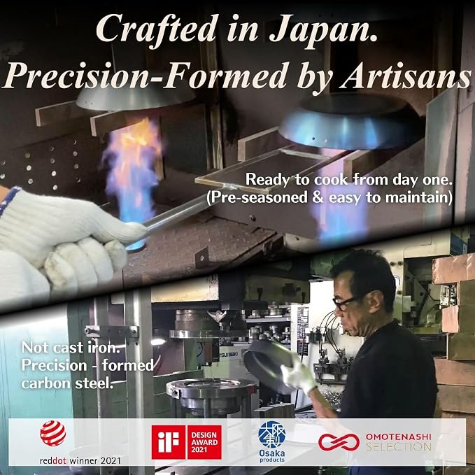 Crafted in Japan. Trusted by Chefs. Japanese Carbon Steel Frying Pan, 9.4 inch – Precision-Formed, Pre-Seasoned & Lightweight, Chef-Designed for High-Heat Control (9.4 inches) - Image 3