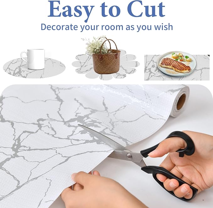 Drawer and Shelf Liner for Kitchen Cabinet: 12 in X 20 Ft Non Slip | Waterproof Shelf Paper Non Adhesive Refrigerator Liners Silver Marble Easy Liners for Bathroom with Knife Tape Measure - Image 4