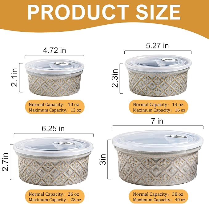Ceramic Mixing Bowls with Lids Set of 4, Embossed Nesting Storage Bowls for Cooking, Serving, Salad, Popcorn etc, Microwave and Dishwasher Safe, Baking Dishes 12/16/28/40 oz (Gray) - Image 5
