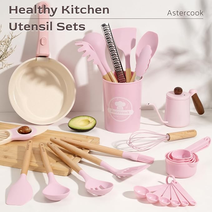 Astercook Kitchen Utensils set, 39 PCS Silicone Cooking Utensils Set with Wooden Handle, 446°F Heat Resistant Food Grade Utensil Sets, BPA Free Kitchen Gadgets Tools Set for Nonstick Cookware (Pink) - Image 2