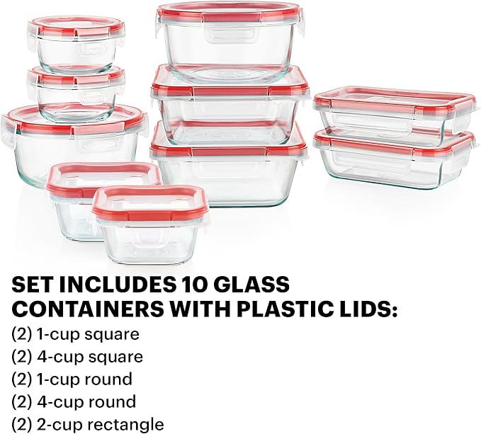 Pyrex Freshlock (10-Pack) Mixed Sizes Airtight Glass Food Storage Set | Plastic BPA-free leakproof locking lids - Image 3