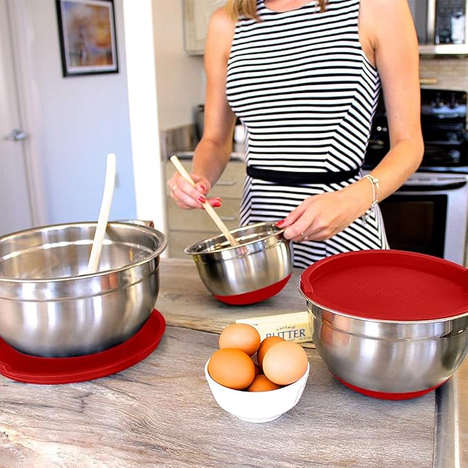 Stainless Steel Mixing Bowls with Lids and Non Slip Bases (Set of 5, Red) - Image 8