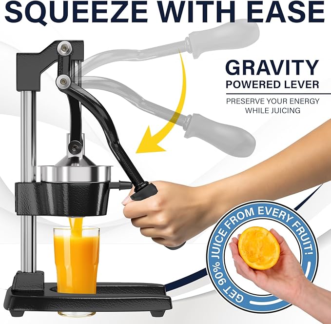 Eurolux Ultra-Premium Cast Iron Juicer | Extra-Large, Heavy Duty, Commercial Grade, Stainless Steel Manual Hand Press Citrus Squeezer For Fresh Orange Juice, Pomegranate, Lemon, and Much More (Black) - Image 3