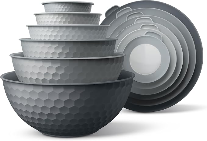 COOK WITH COLOR Mixing Bowls with Lids - 12 Piece Plastic Nesting Bowls Set includes 6 Prep Bowls and 6 Lids, Microwave Safe Mixing Bowl Set, Grey Embossed by CookwithColor