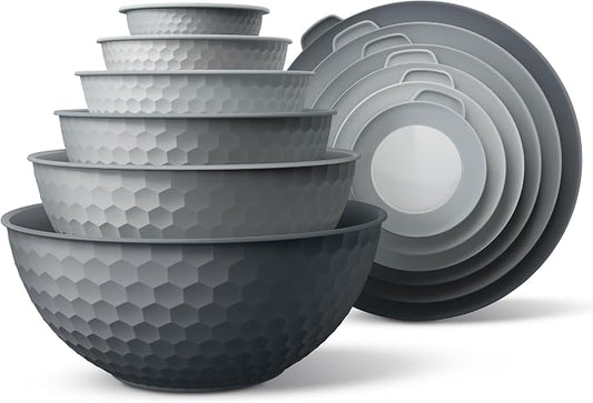 COOK WITH COLOR Mixing Bowls with Lids - 12 Piece Plastic Nesting Bowls Set includes 6 Prep Bowls and 6 Lids, Microwave Safe Mixing Bowl Set, Grey Embossed by CookwithColor